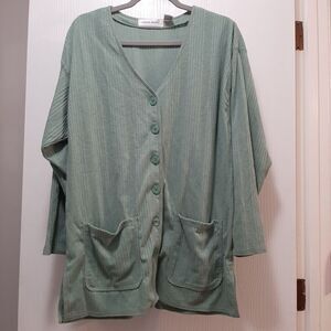 Lauren Brooke Cotton Blend Green Button Up Cardigan Front Pockets Grandma Medium